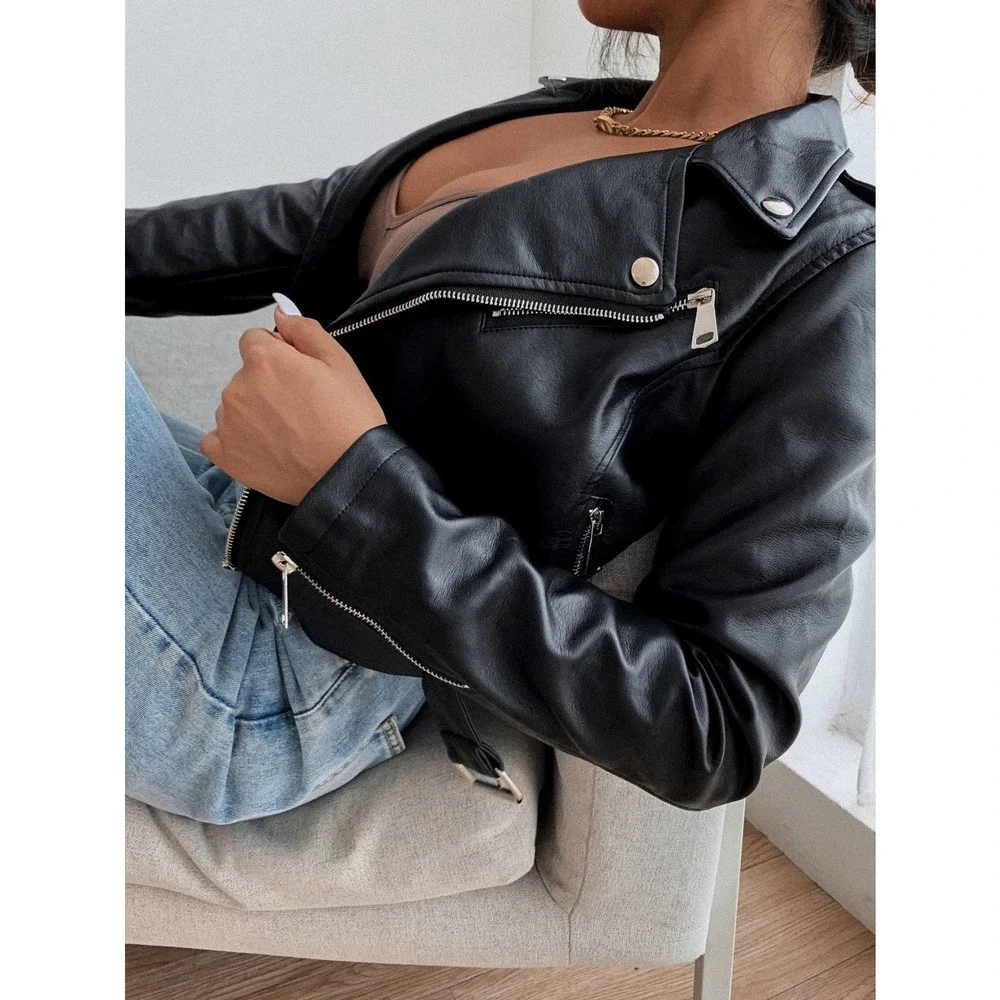 minimalist belted vegan Leather Jacket motorcycle jacket moto black - Picture 4 of 7